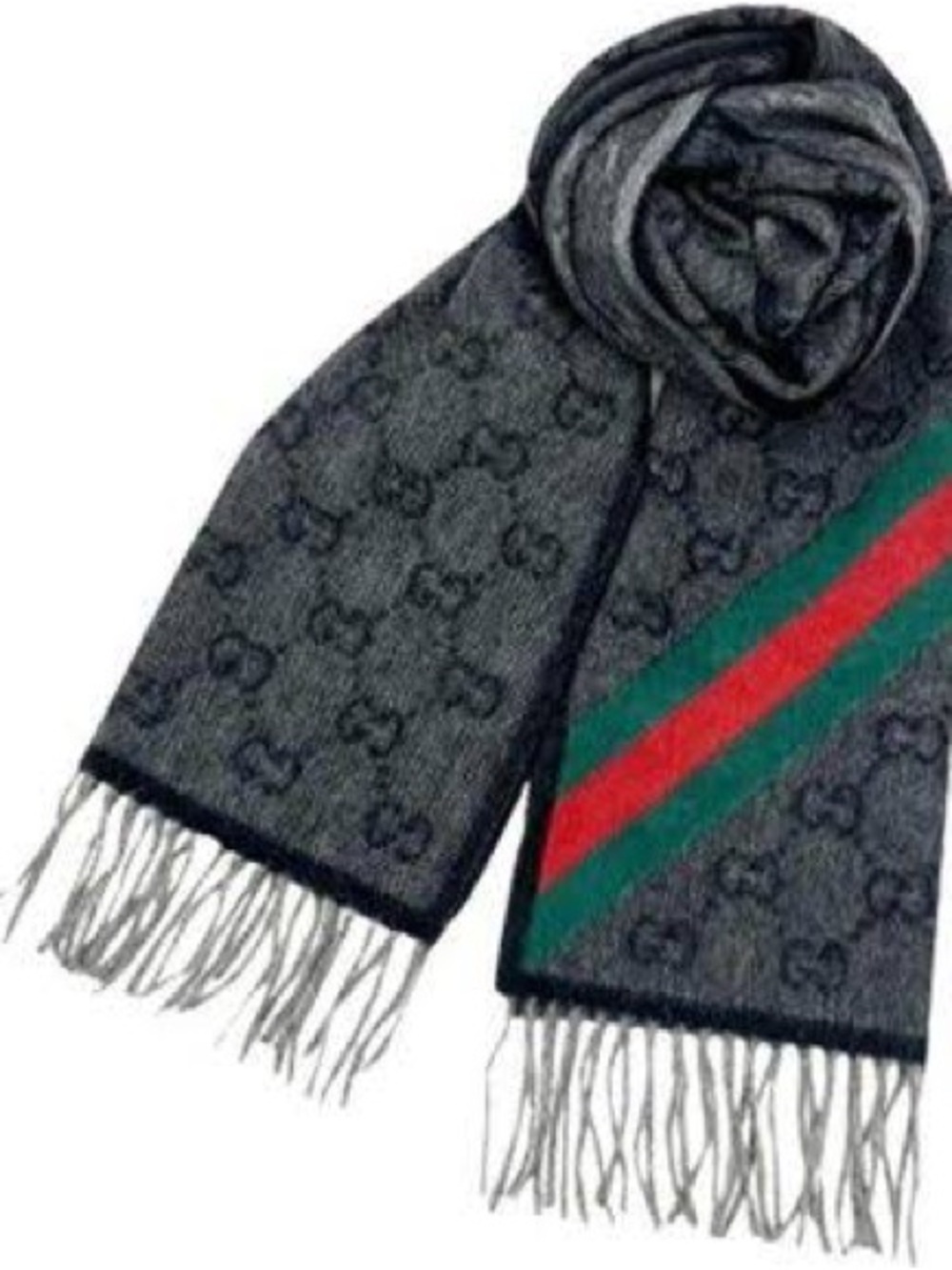 New Authentic Gucci Gray Scarf with Green and Red Stripe